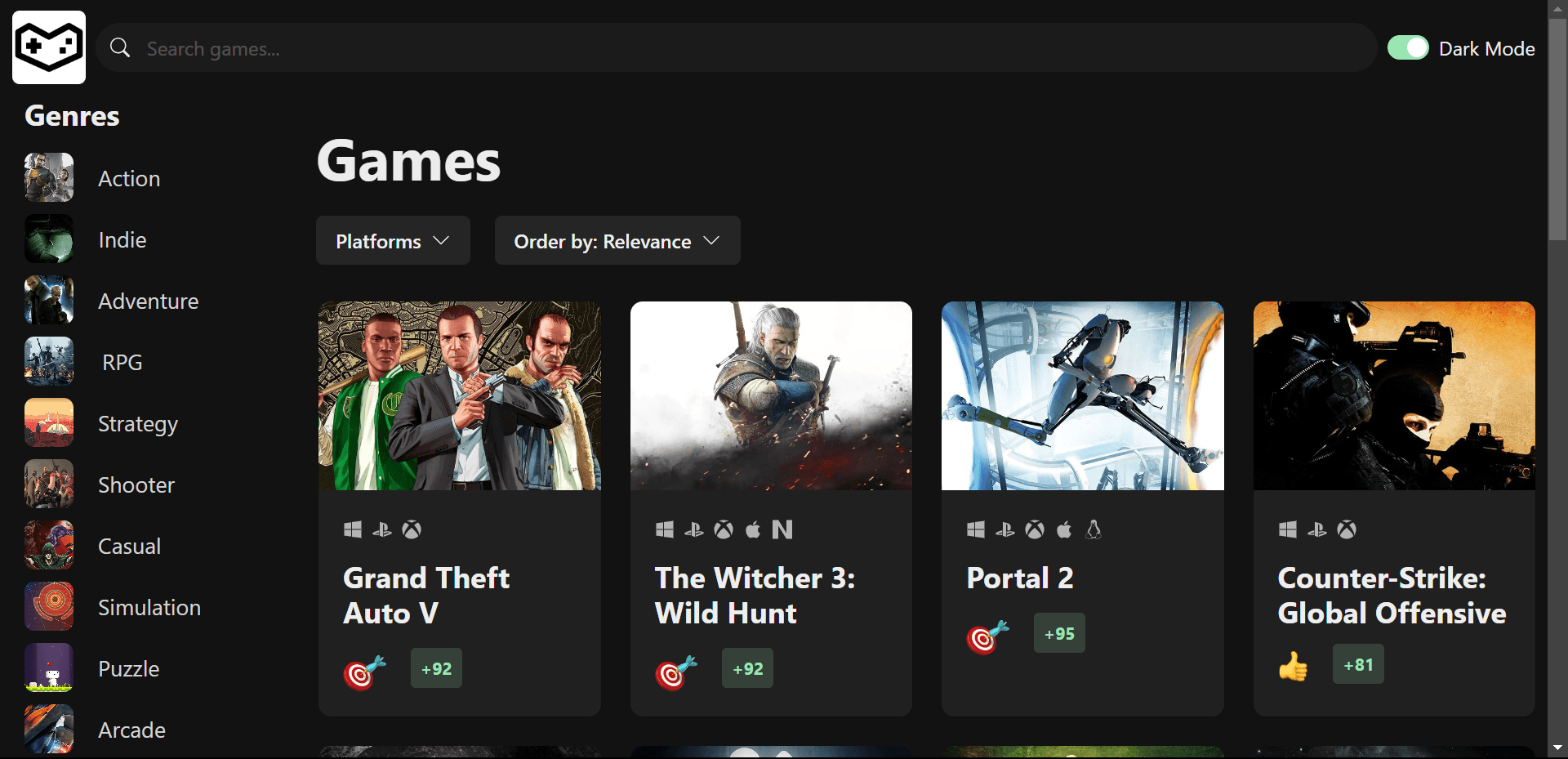 Video game discovery platform user interface